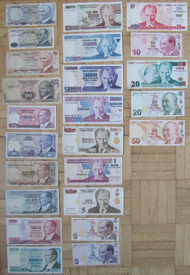  Türkei: Lot aus 24 verschiedenen Banknoten   