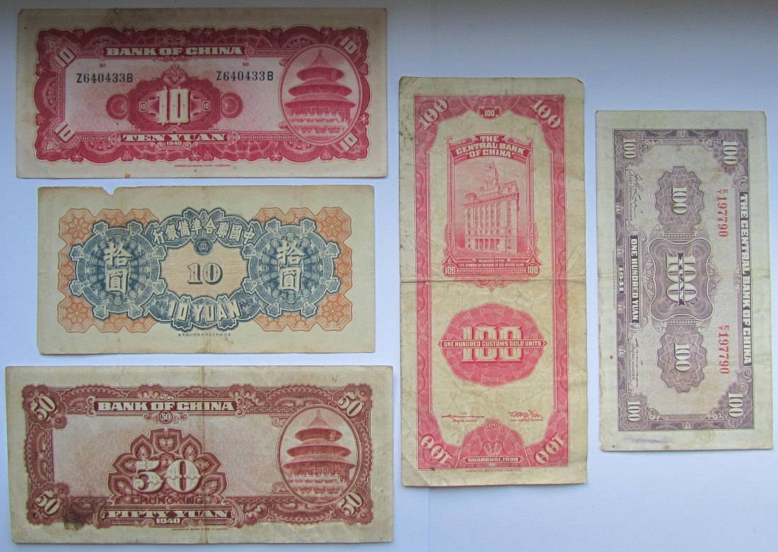  China: Lot aus fünf verschiedenen alten Banknoten   