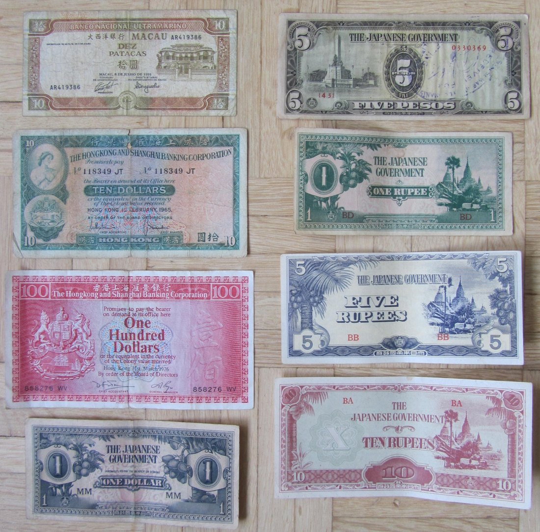  Ostasien: Lot aus acht verschiedenen Banknoten   