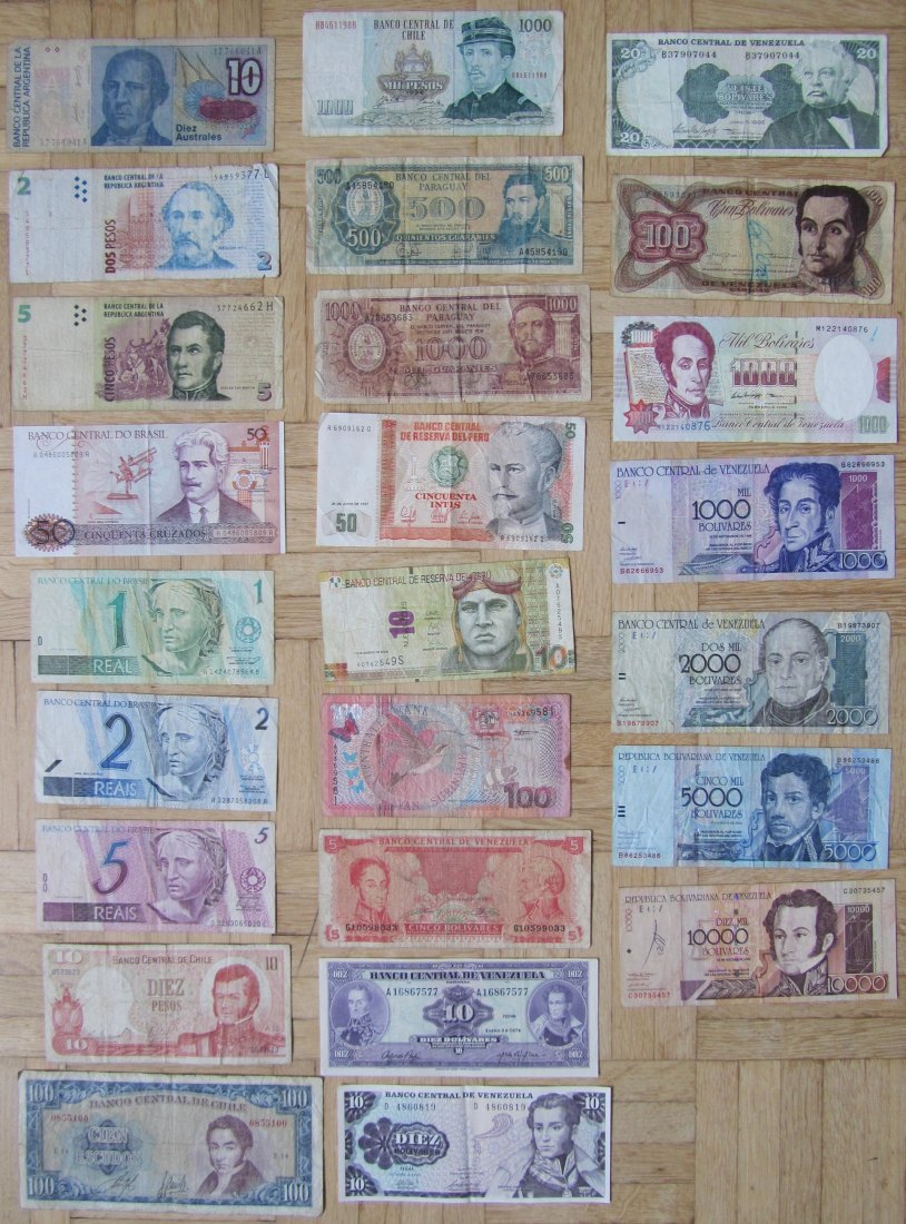  Südamerika: Lot aus 25 verschiedenen Banknoten   