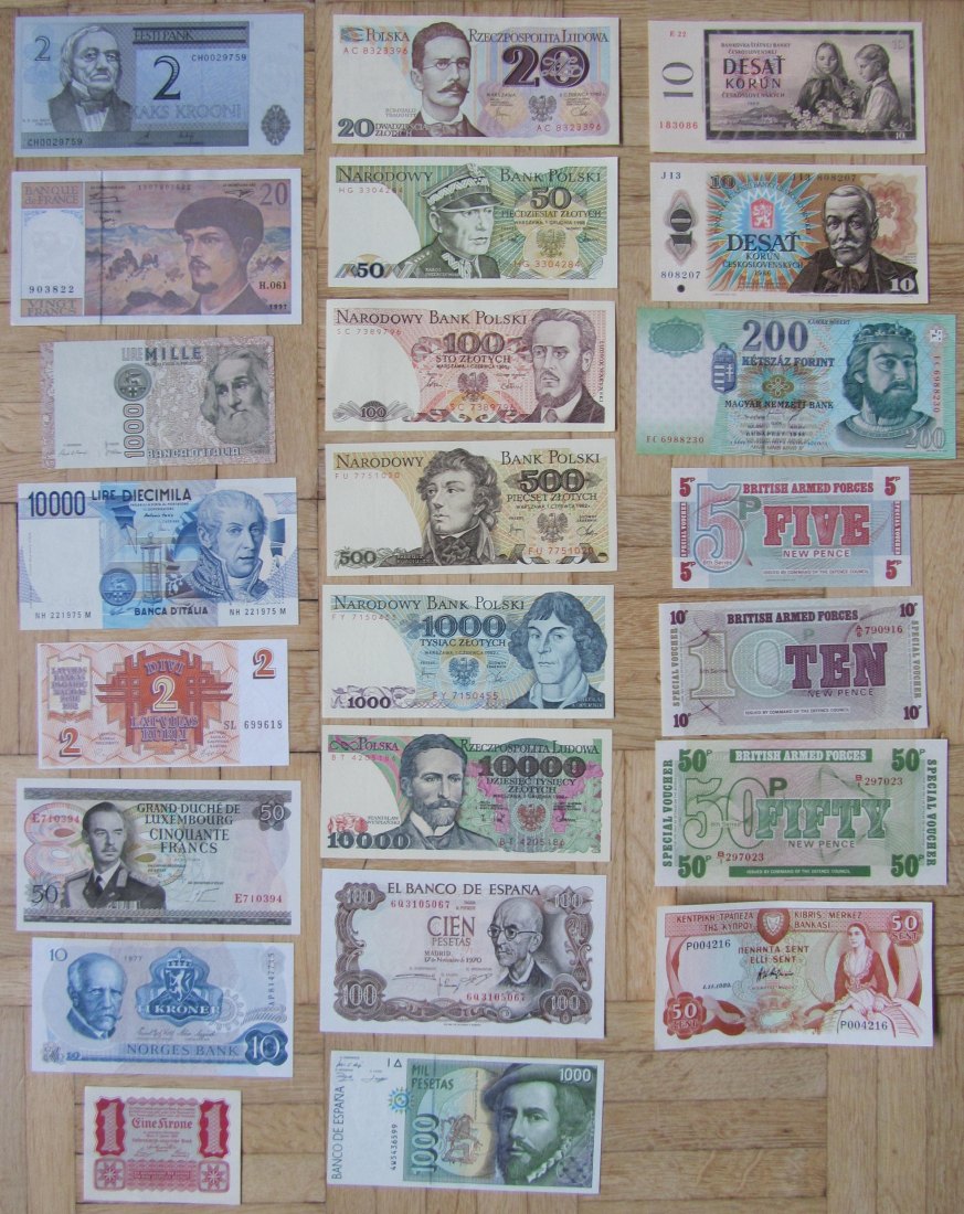  Europa: Lot aus 23 verschiedenen Banknoten, alle kassenfrisch   