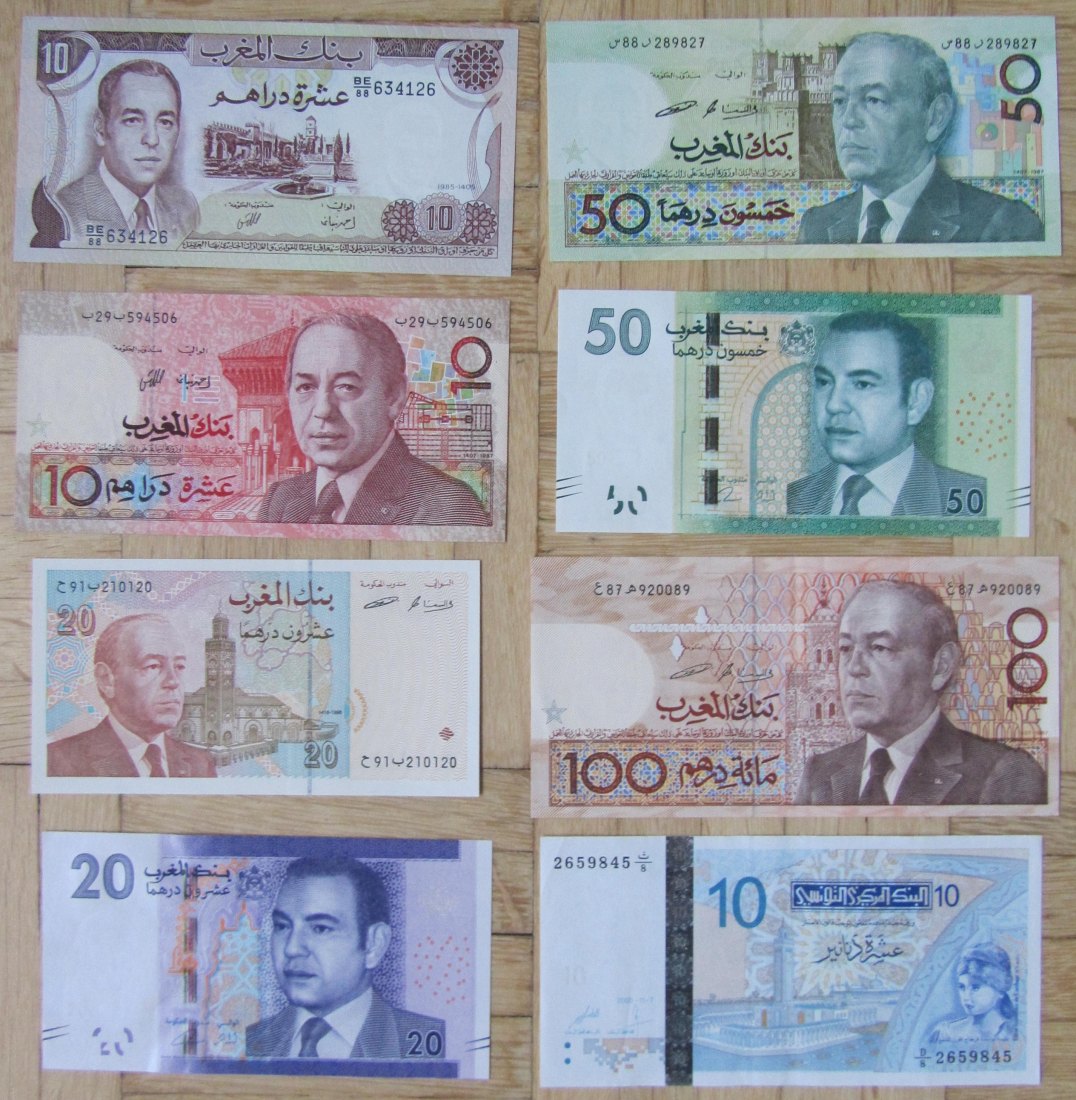  Marokko/Tunesien: Lot aus acht verschiedenen Banknoten, alle kassenfrisch   