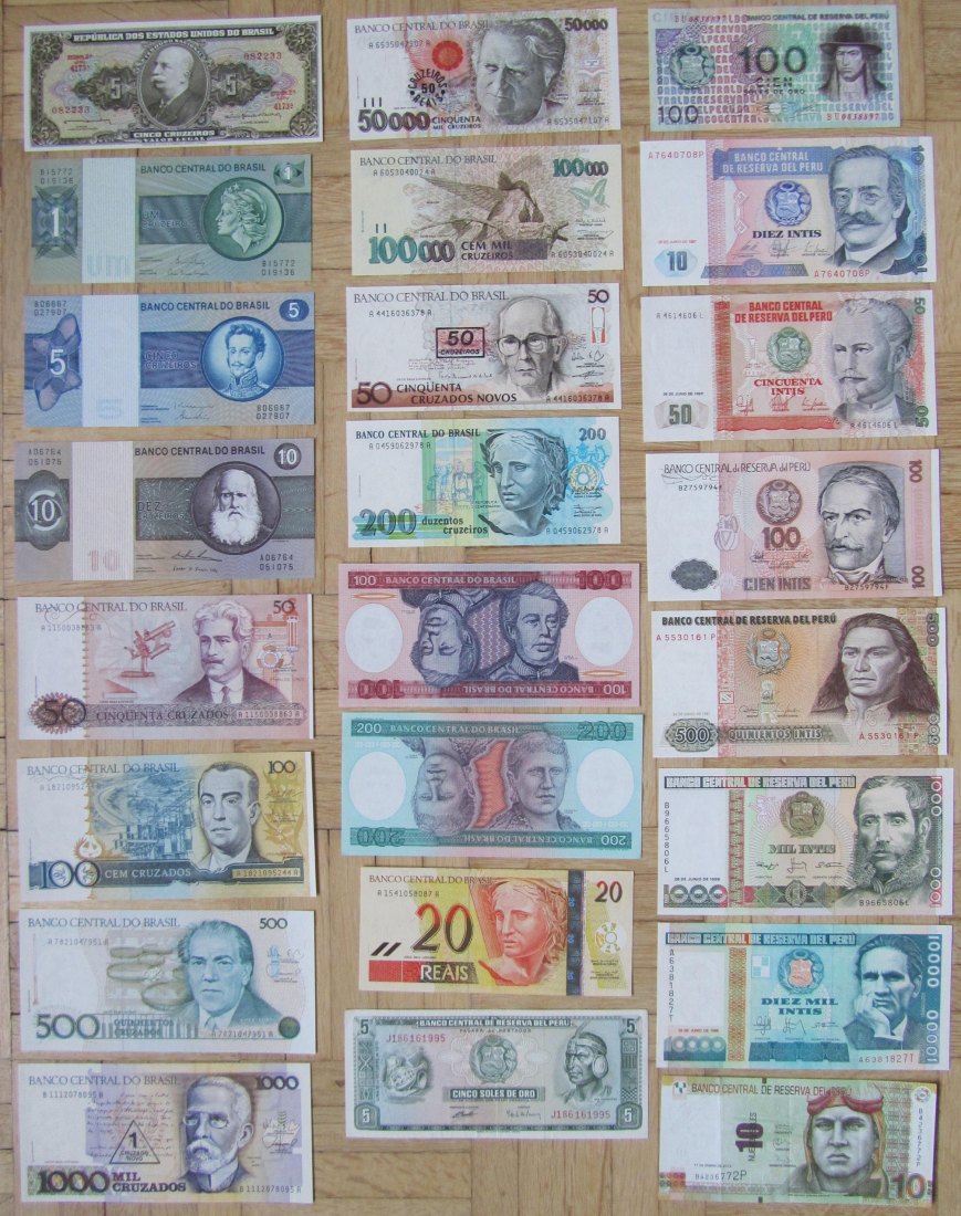  Brasilien/Peru: Lot aus 24 verschiedenen Banknoten, alle kassenfrisch   