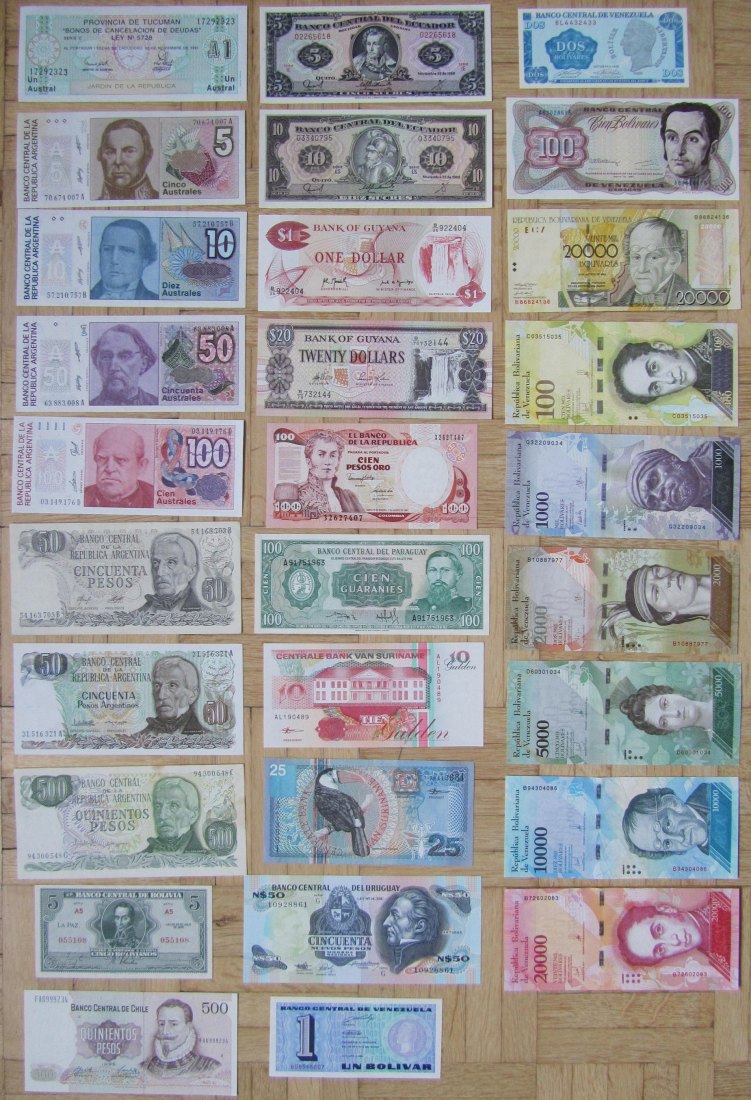  Südamerika: Lot aus 29 verschiedenen Banknoten, alle kassenfrisch   