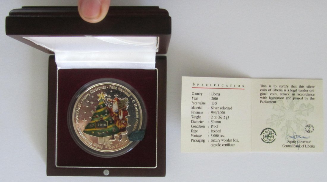  Liberia: 10 Dollars Weihnachten 2010, 62,2 g Feinsilber   
