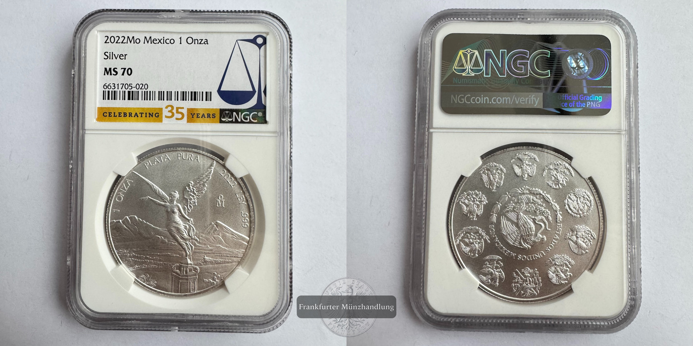  Mexico / 1 Onza Libertad Plata Pura 2022 MS 70 NGC Graded FM-Frankfurt KM#639 Feinsilber: 31,06   