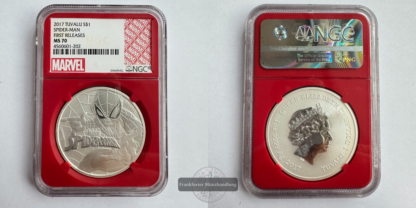  Tuvalu / 1 Dollar (Spider-man) 2017 MS 70 NGC Graded FM-Frankfurt KM#380 Feinsilber: 31,1g   