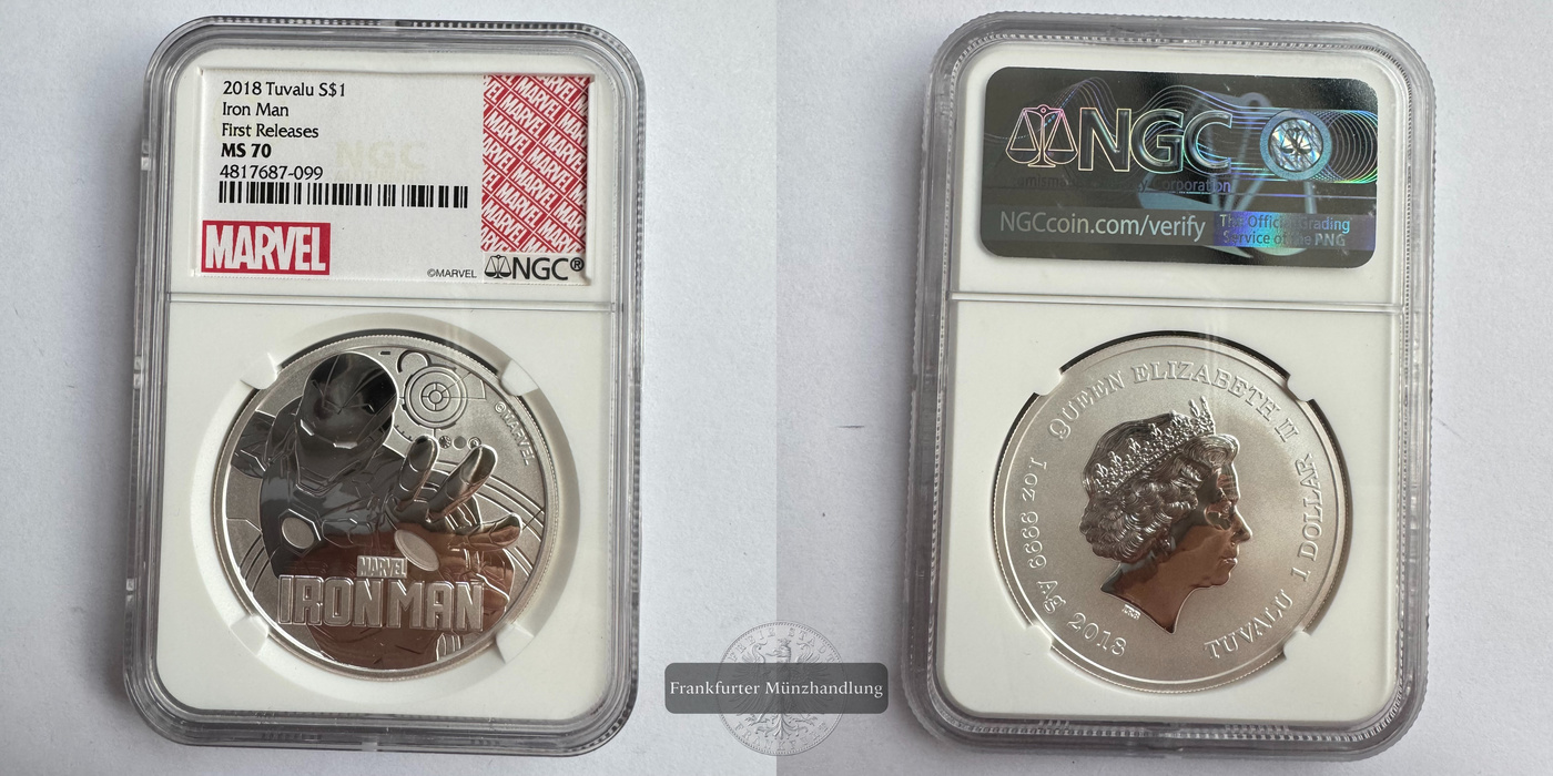  Tuvalu / 1 Dollar (Iron Man) 2018 MS 70 NGC Graded FM-Frankfurt KM#398 Feinsilber: 31,1g   