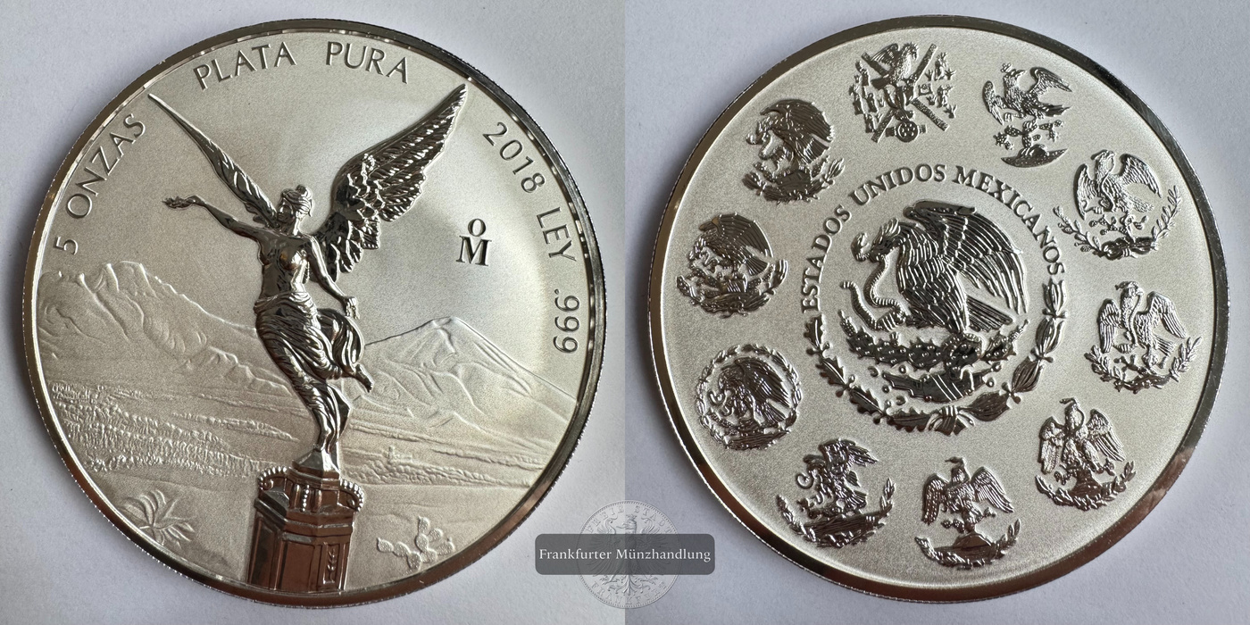 Mexiko / 5 Onzas Libertad 2018 (1996-2024) Reverse Proof FM-Frankfurt KM#615 Feinsilber: 155,5g   