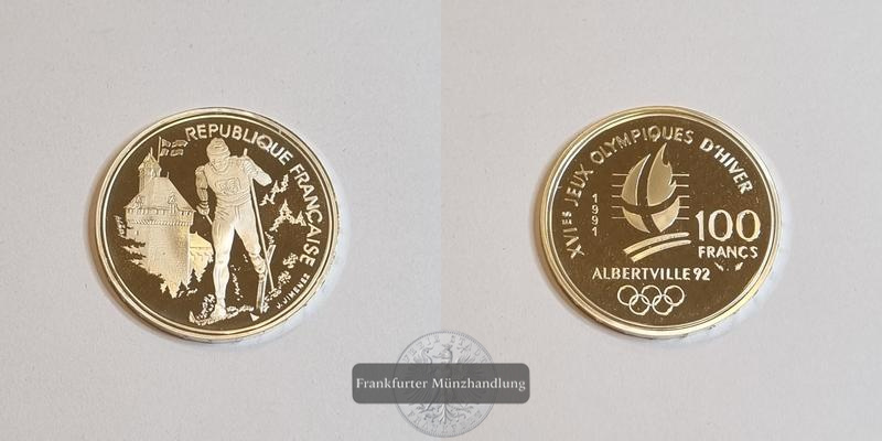  Frankreich 100 Francs 1991 XVI. Olympischen Spiele FM-Frankfurt Feinsilber: 19,98g   