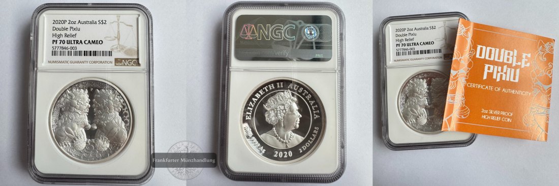  Australien / 2 Dollars (Double Pixiu) 2020 NGC Graded PF 70 FM-Frankfurt KM#3927 Feinsilber: 62,2g   