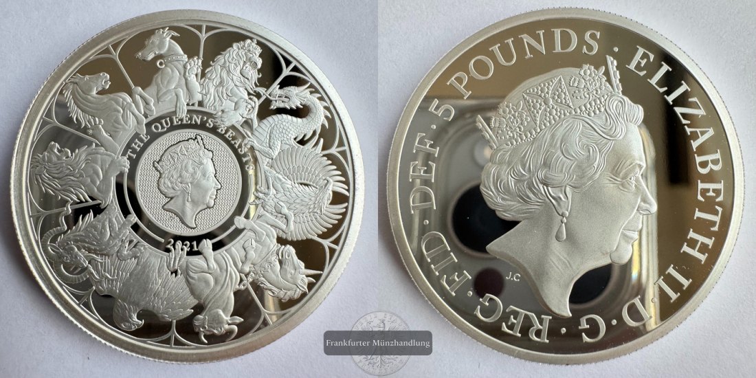  UK / 5 Pounds (The Queen's Beasts Compler) 2021 FM-Frankfurt KM#2042 Feinsilber: 62,4g   