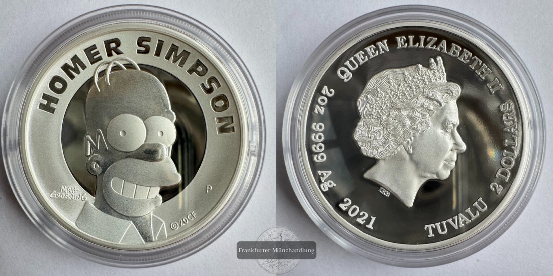  Tuvalu / 2 Dollars Elizabeth II (Homer Simpson) 2021 FM-Frankfurt Feinsilber: 62,2g   