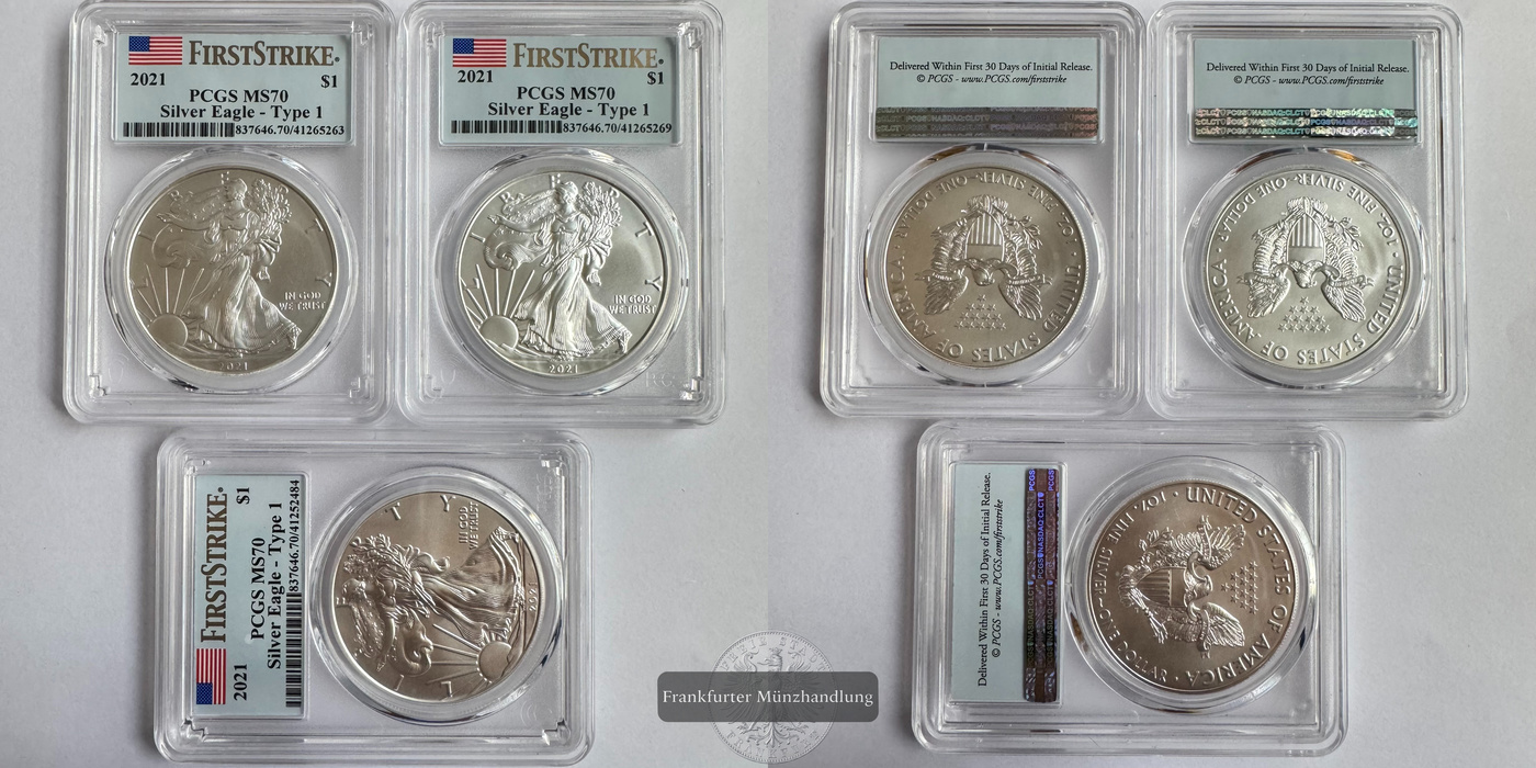  USA / 3x 1 Dollar 2021 Walking Liberty Graded PCGS MS 70 FM-Frankfurt KM#273 Feinsilber: 93,3g   