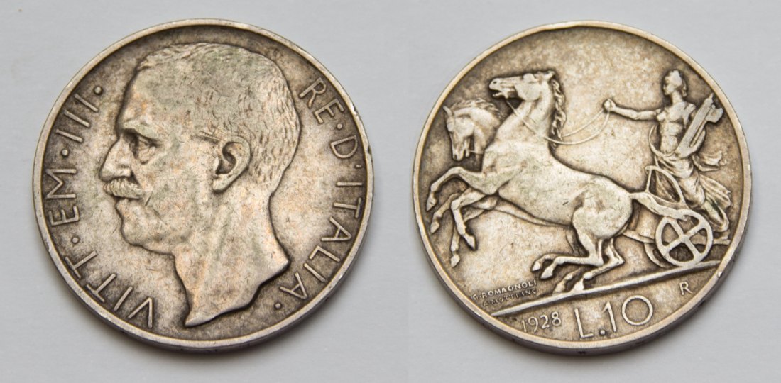  Italien Königreich 10 Lire Silber 1928 R Vittorio Emanuele III. 1900-1946 vz patina   