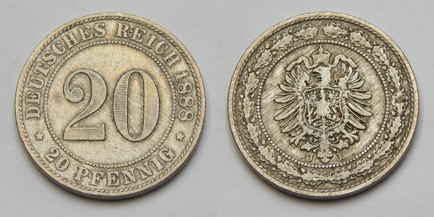  Kaiserreich 20 Pfennig 1888 J Kleiner Adler ss   