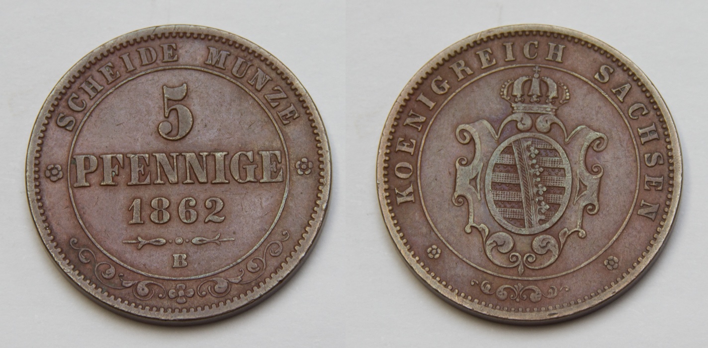  Sachsen-Albertinische Linie 5 Pfennig 1862 B Johann 1854-1873 vz.   