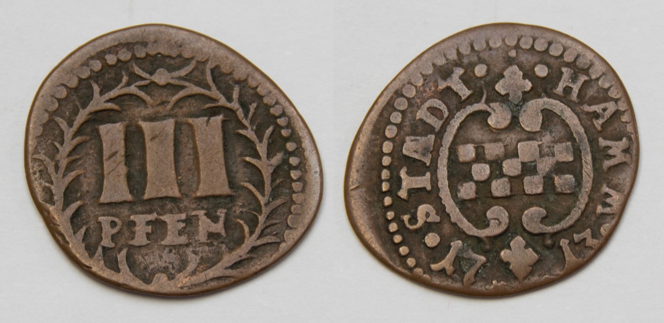 Hamm, Stadt Cu 3 Pfennig 1713 ss   