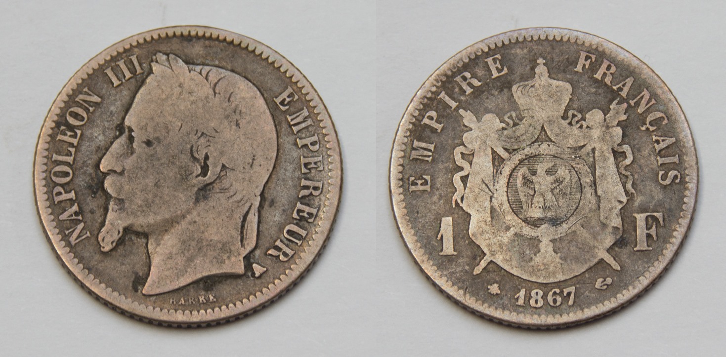  Frankreich 1 Franc 1867 A Paris Silber Napoleon III. 1852-1870 ss-   