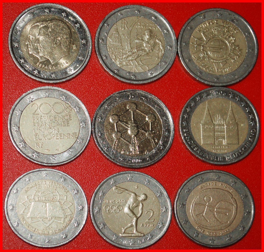 Ⰿ 9 COMMEMORATIVE COINS: EUROPEAN UNION ★ 2 EUROS DIFFERENT TYPES 2004-2014!★LOW START ★ NO RESERVE!