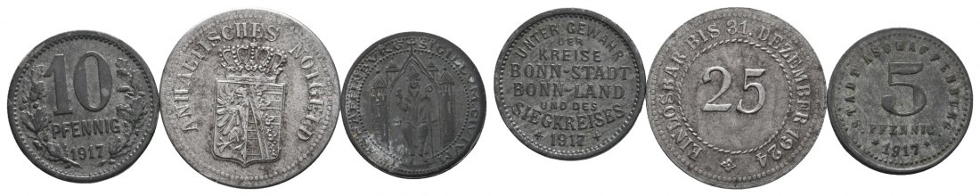  Notgeld / Kriegsgeld; verschiedene Städte; 3 Kleinmünzen   