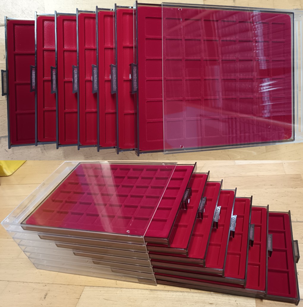  Lindner Münzbox STANDARD, 7 Stück, quadratische Vertiefungen, div. Größen, gebraucht   