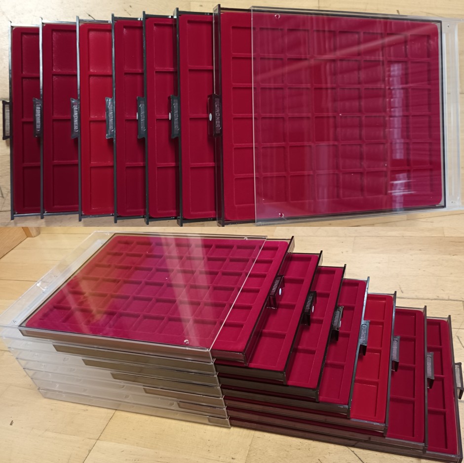  Lindner Münzbox STANDARD, 7 Stück, quadratische Vertiefungen, div. Größen, gebraucht   