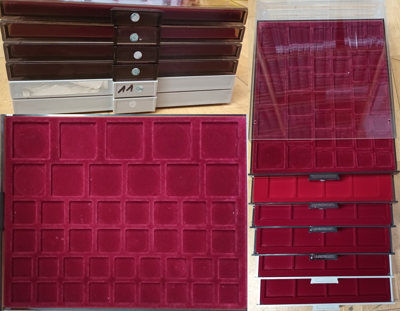  Lindner Münzbox STANDARD, 6 Stück, quadratische Vertiefungen, div. Größen, gebraucht   