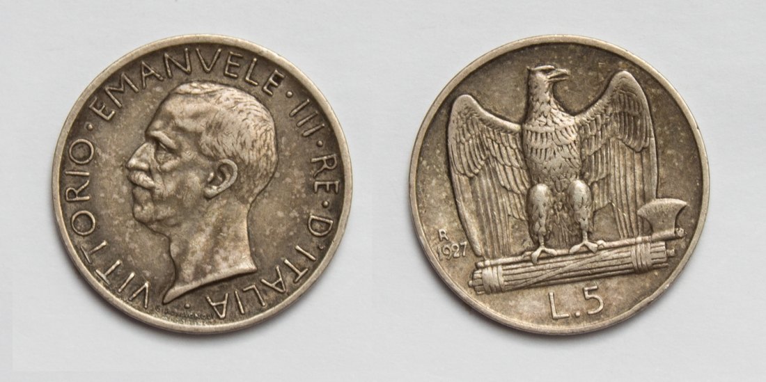  Italien 5 Lire 1927 Vittorio Emanuelle III. 1900-1946 vz Patina   
