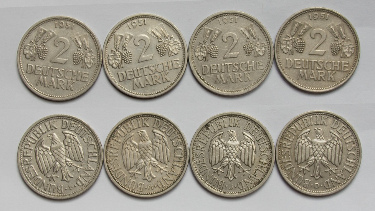  Deutschland BRD4 x 2 Mark Kursmünzen 1951 Kompletter Jahrgang F-G-J-D Trauben und Ähren   