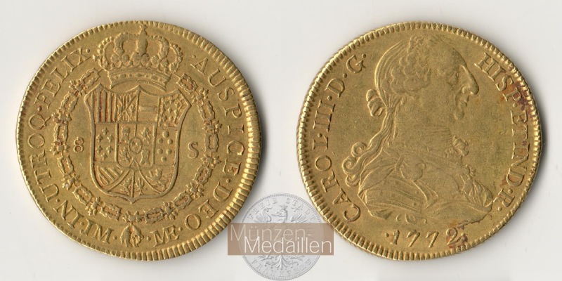  Kolumbien 8 Escudos Charles III 1772 (1772-84) MM-Frankfurt KM#50 Feingold: 24,387g   