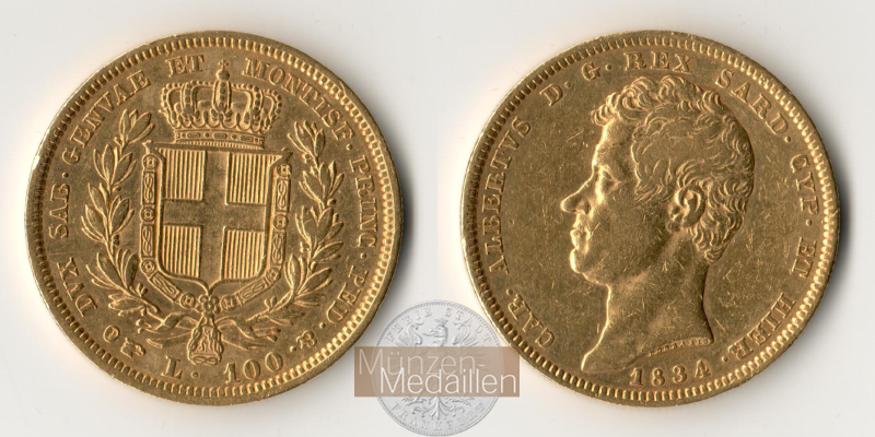  Italien. Sardinien, Königreich. 100 Lire 1834  MM-Frankfurt Feingold: 29,05g   
