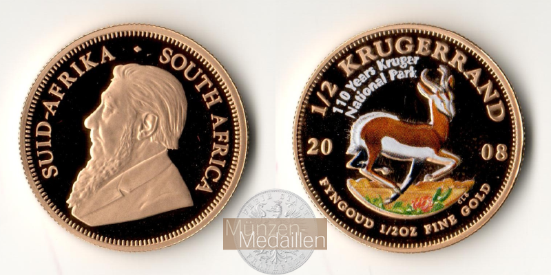  Südafrika 1/2 Ounce Krugerrand 2008 Colored Proof MM-Frankfurt Feingold: 15,56g   