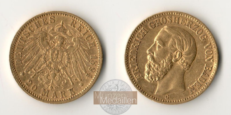 Dt. Kaiserreich Baden, Friedrich I MM-Frankfurt KM#270 Feingold: 7,17g 20 Mark (1894-1895) 1894 G 