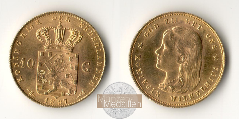 Niederlande, Wilhelmina I MM-Frankfurt KM#118 Feingold: 6,05g 10 Gulden (1892-1897) 1897 