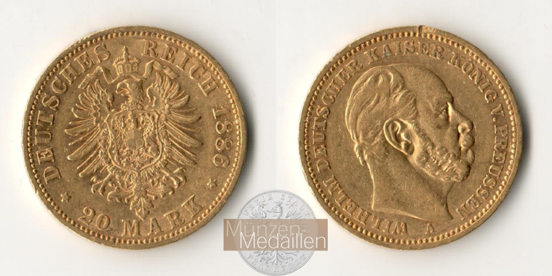 Dt. Kaiserreich Preussen, Wilhelm I. MM-Frankfurt KM#505 Feingold: 7,17g 20 Mark (1874-1888) 1886 A 