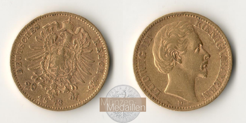 Dt. Kaiserreich, Bayern Ludwig II. MM-Frankfurt KM#894 Feingold: 7,17g 20 Mark 1873 D 