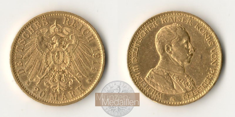 Preussen Kaiserreich, Wilhelm II Uniform MM-Frankfurt KM#537 Feingold: 7,17g 20 Mark (1913-1915) 1914 A 