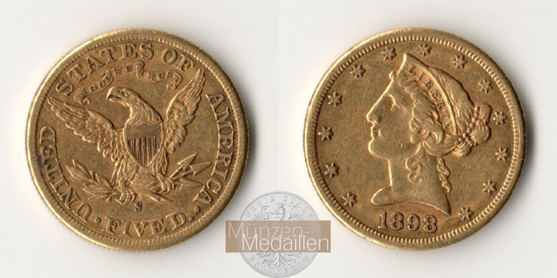 USA  5 Dollar MM-Frankfurt Feingold: 7,52g Half Eagle - Liberty Head 1898 S 