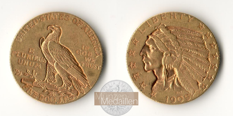 USA  5 Dollar MM-Frankfurt   Feingold: 7,52g Half Eagle - Indian Head 1909 
