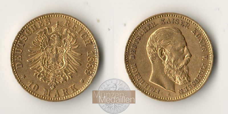 Dt. Kaiserreich Preussen, Friedrich III. MM-Frankfurt Feingewicht: 3,58g Gold 10 Mark 1888 A 