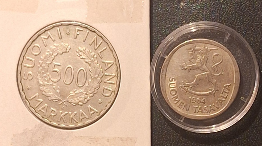 Finnland 500 Markkaa (1952) und 1 Markka (1964) Silber (6g+2,24g) =8,24 fein