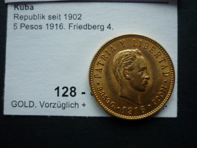 Kuba 5 Pesos 1916 José Martí, GOLDMÜNZE!