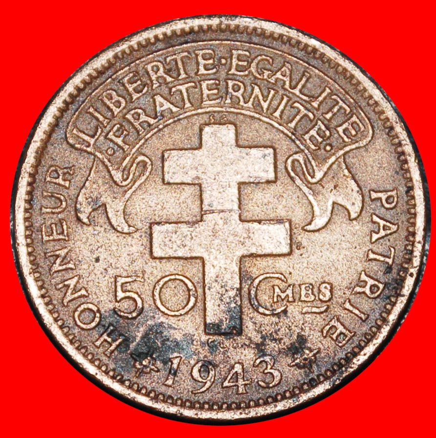  Ⰿ FRANCE: FRENCH EQUATORIAL AFRICA★50 CENTIMES 1943 COCK WARTIME (1939-1945)★LOW START ★ NO RESERVE!   