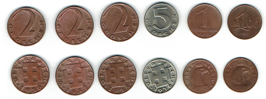  SZAIVERT ÖSTERREICH 1. REPUBLIK. 5 GR 1936 1 GR 1938 100 KRONEN 1923 2 GROSCHEN 1936, 37,38   