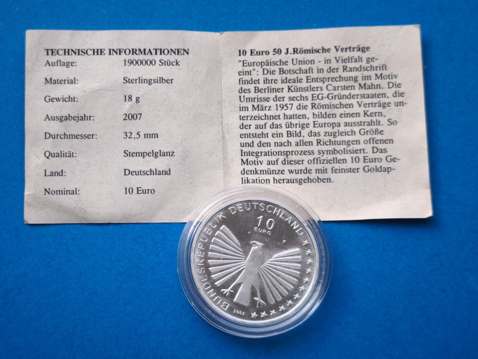  Deutschland 10 Euro 2007 - Sterling Silber + Goldapplikation   