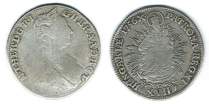 SZAIVERT RDR HABSBURG ÖSTERREICH UNGARN MARIA THERESIA XVII KREUZER 1756 K-B KREMNITZ   