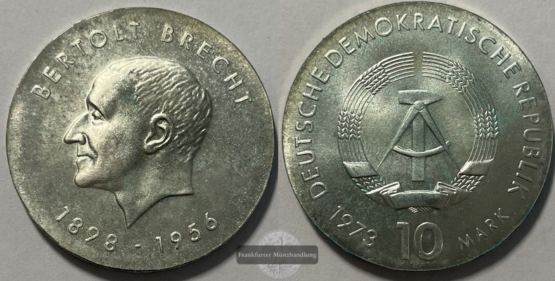  Deutschland DDR  10 Mark  1973  Bertolt Brecht KM#45  FM-Frankfurt  Feinsilber: 10,88g   