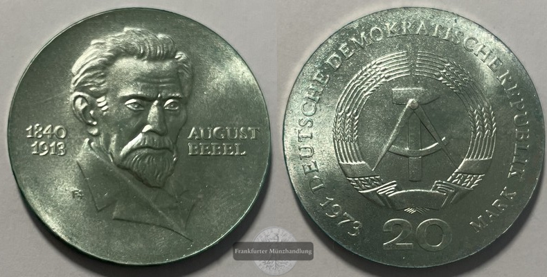  Deutschland DDR  20 Mark  1973 August Bebel KM#46 FM-Frankfurt  Feinsilber: 13,06g   