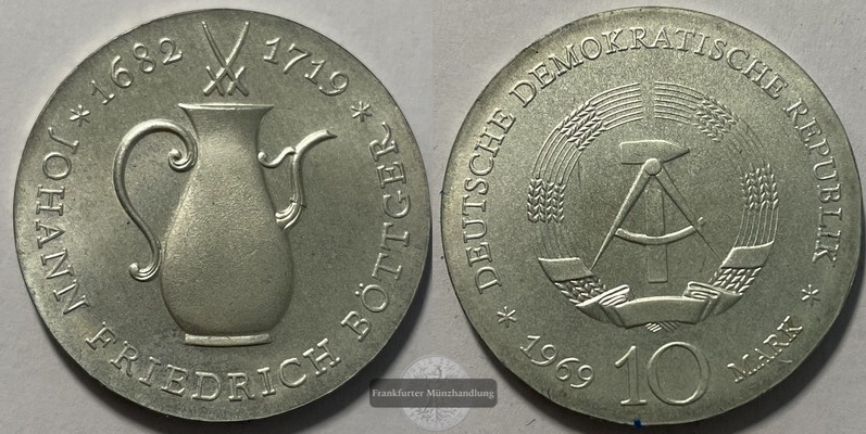  Deutschland DDR  10 Mark  1969  Johann Friedrich Böttger  KM#24   FM-Frankfurt  Feinsilber: 10,88g   